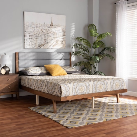Jarlan ModernGrey Fabric Upholstered And Walnut Brown Finished Wood Platform Bed-King